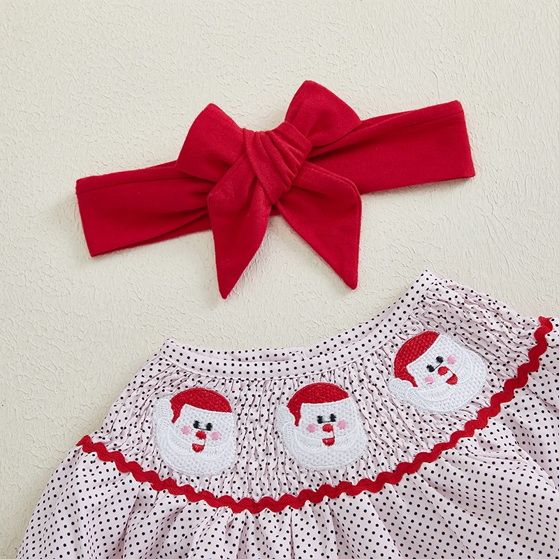 Smocked Baby Girl Clothes Christmas Romper Snowman Embroidery Long Sleeve Smocked Jumpsuits Bow Headband Outfits