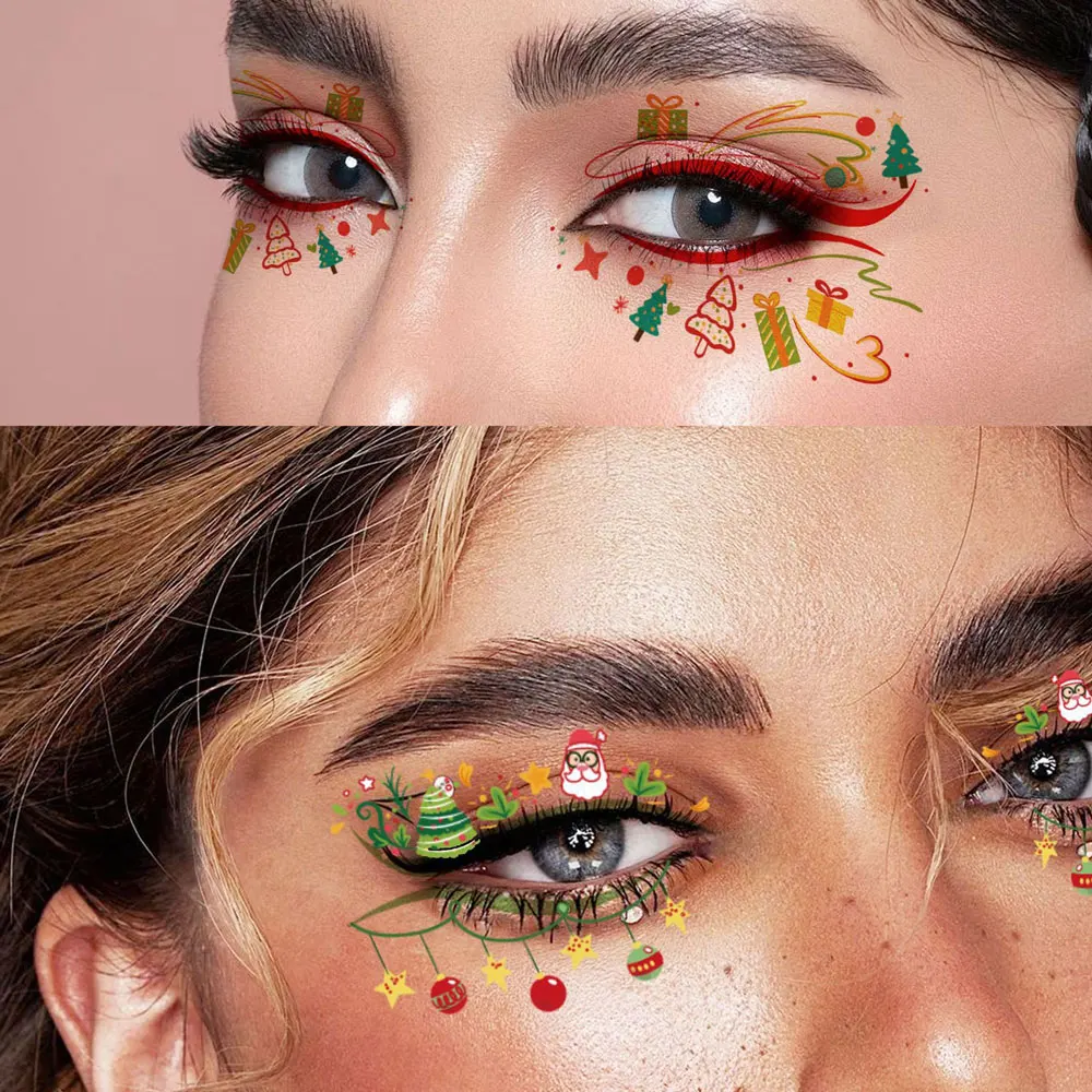 10pcs Temporary Christmas Eye Tattoo Stickers Santa Claus Gifts Socks Snowflake Pattern Fake Tattoo for Christmas Face Makeup