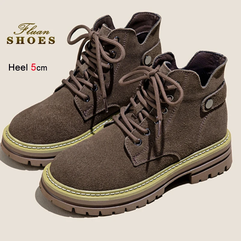 2025 Autumn Winter Coffee Color Women's Ankle Boots British Style Lace Up Boots Genuine Leather Ladies Short Boots Casual Boots