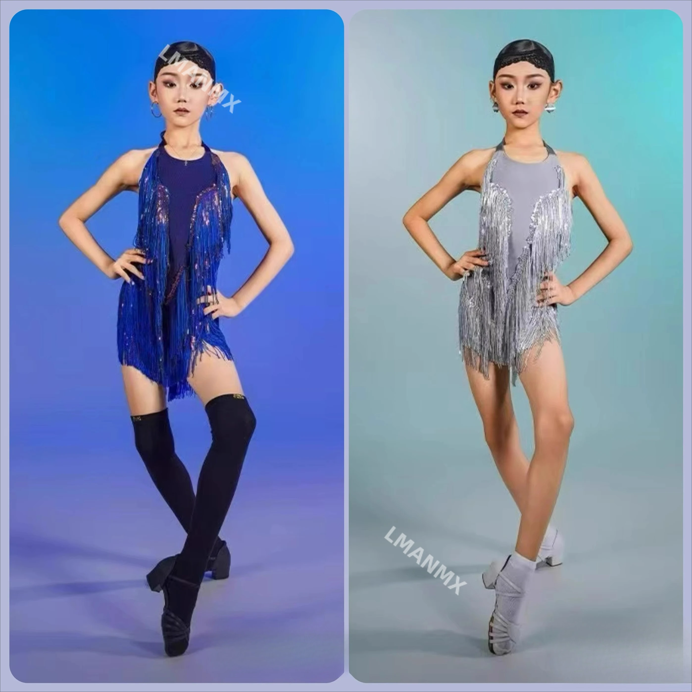 Abito da ballo latino Primavera/Estate Nuovo stile Abito da allenamento per ragazze con collo appeso e nappe con paillettes