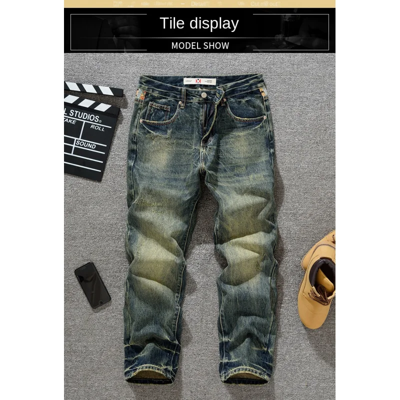 

Ретро американские модные брендовые брюки-шаровары с вышивкой и принтом, мужские свободные прямые ностальгические джинсы