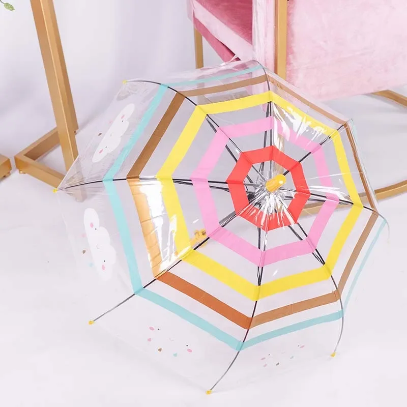 Cute Clouds Cartoon Rainbow Kids Kawaii Transparent Waterproof Umbrellas for Children Female Small Girl Arched Clear Mini