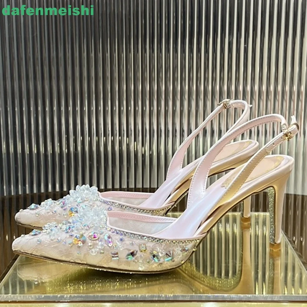 

Mesh Lace Pearlescent Sheepskin Women Sandals 2025 New Fashion Crystal Bling Bling Shallow 7.5Cm High Heel Back Strap Thin Heels