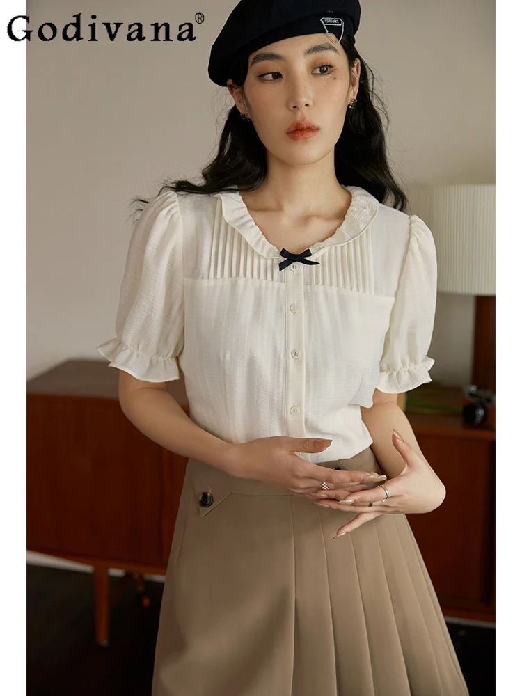 

Большой размер в стиле Лолиты, женская французская милая рубашка с оборками, милая рубашка с бантом, летняя элегантная свободная рубашка с v-образным вырезом и короткими рукавами, абрикосовый топ Jk