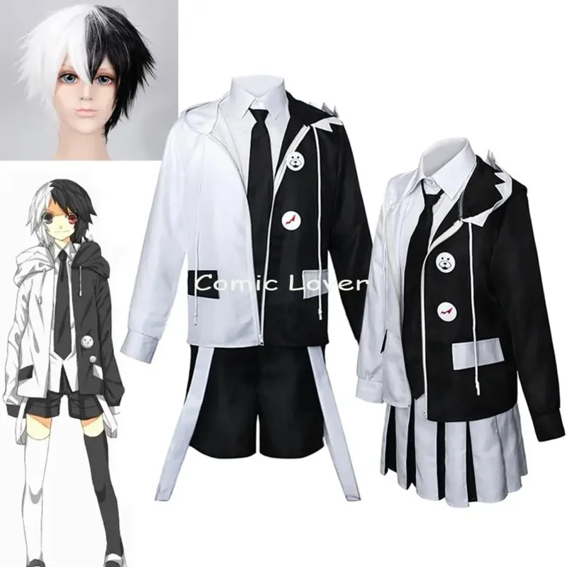 Disfraces de cosplay de Anime Danganronpa Monokuma, peluca de oso blanco y negro, trajes de uniforme de tela para fiesta de Halloween para mujeres y hombres uy5428