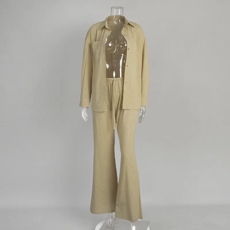 

Хлопковая рубашка с длинными рукавами + брюки на эластичной талии на шнуровке, комплект из 2 предметов, летний женский новый воротник, однотонные расклешенные брюки, повседневный комплект