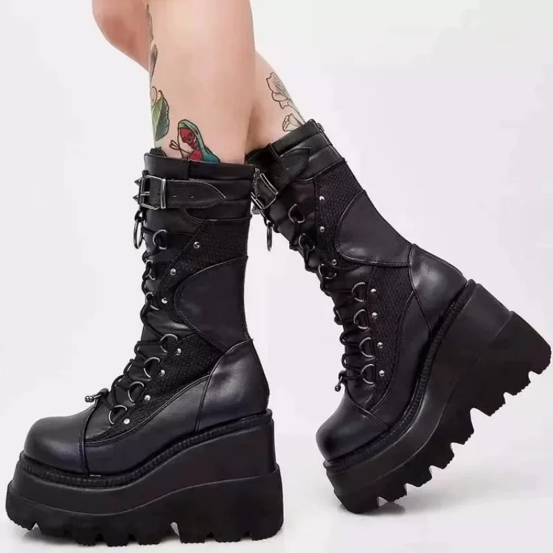2023 Jesienno-zimowa wyprzedaż Punk Halloween Witch Cosplay Platforma Wysokie kliny Obcasy Czarne gotyckie buty na łydki Buty damskie Duży rozmiar