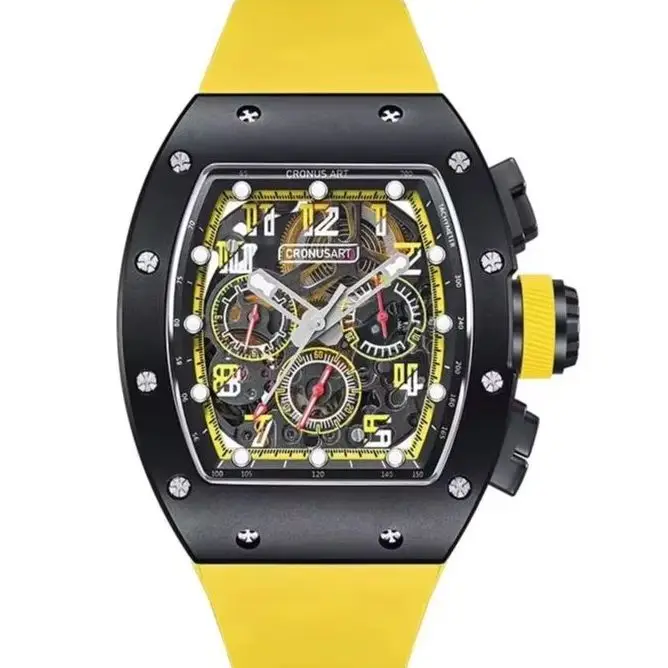 CRONUSART Men Chronograph Watch Tonneau Automatic Mechanical Wristwatch Sapphire Mirror Waterproof Luminous Skeleton Dial