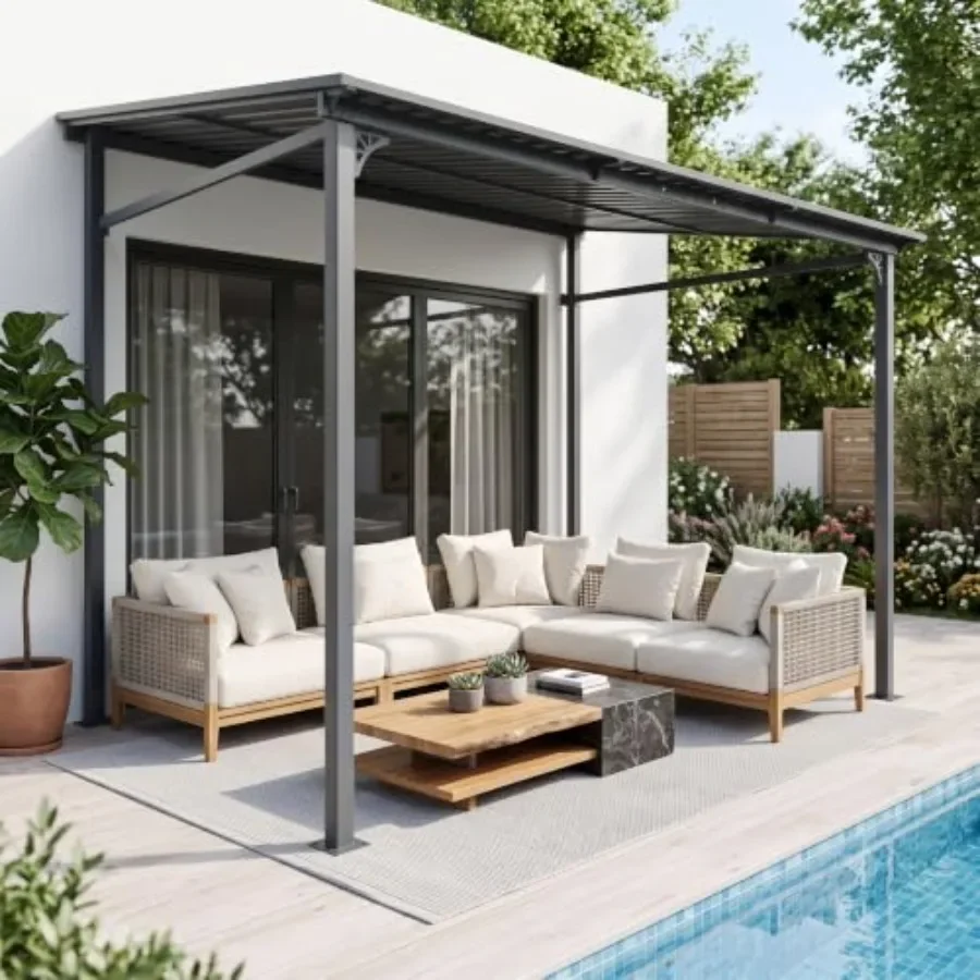 Wall Mounted Gazebo, Lean to Gazebo Hardtop Pergola with Sloped Roof Awning, Stable Galvanized Steel Frame and Roof, Outdoor He