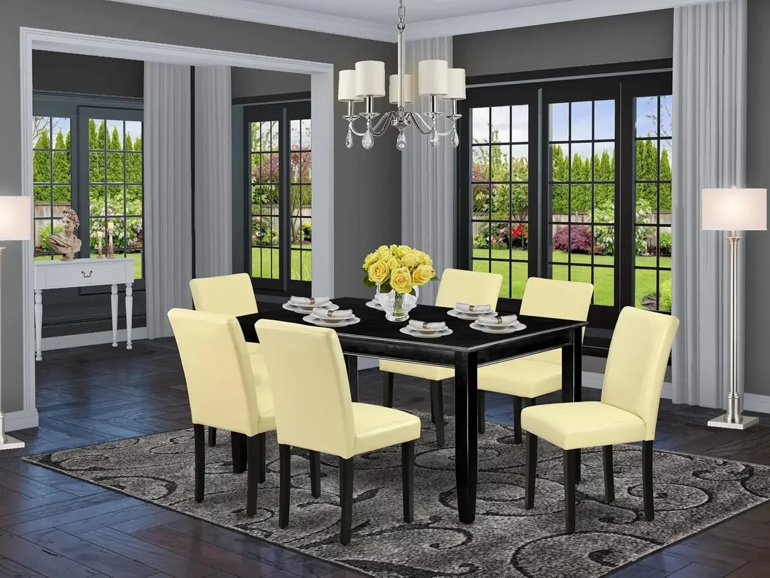 7 Piece Kitchen Table & Chairs Set Consist of a Rectangle Dining Room Table and 6 Eggnog Faux Leather Upholstered Chairs