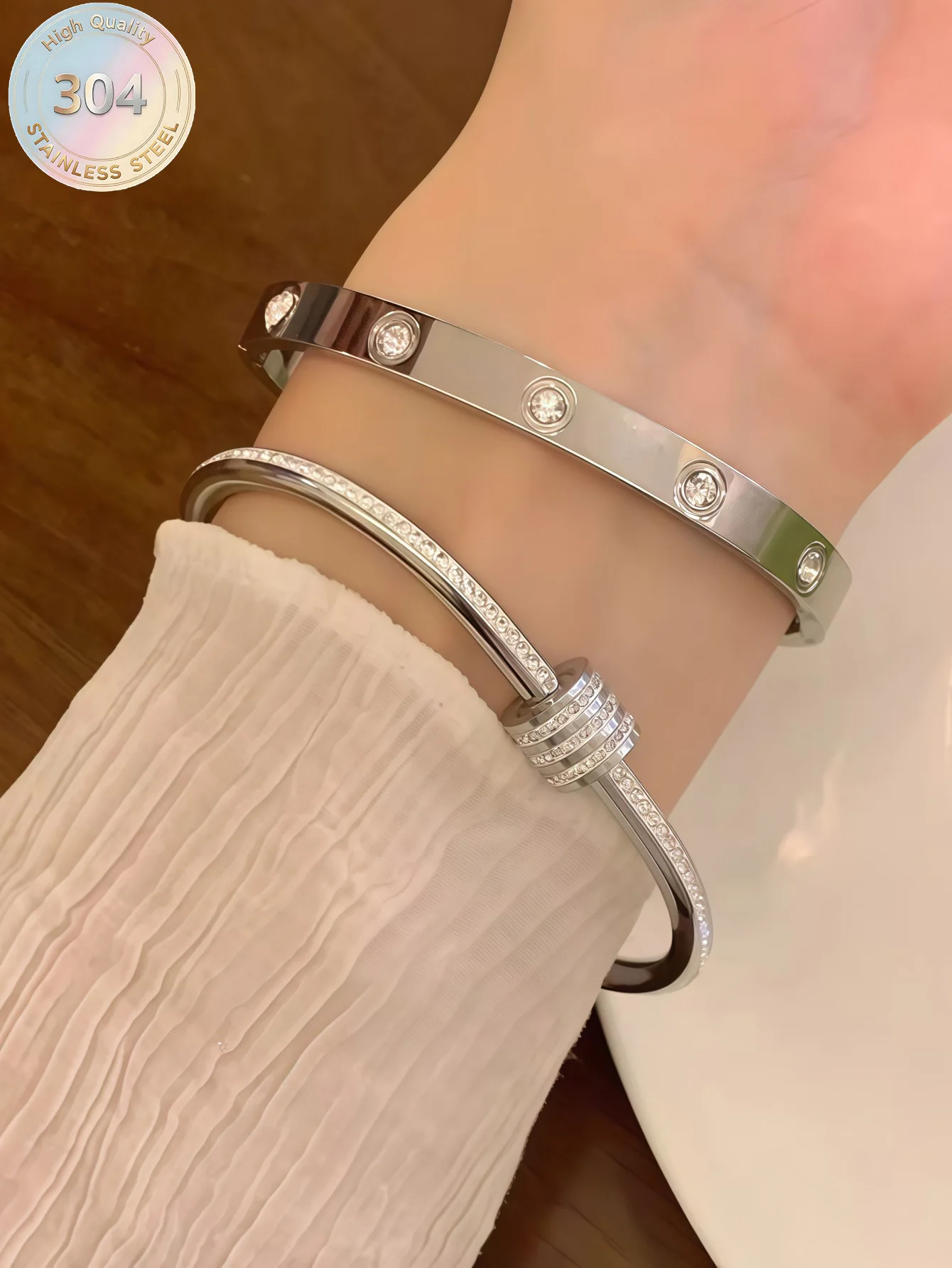 2Pcs Silver Stackable Bangle Bracelets Set Rhinestone Stainless Steel Cuff Bangles for Women Festival Gifts