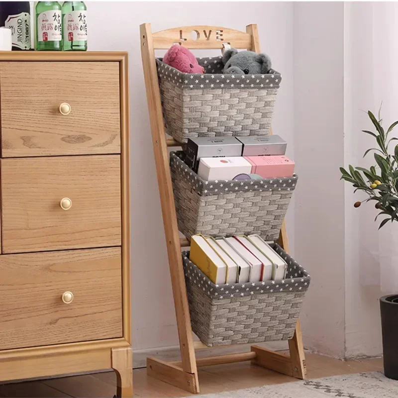 Living Room Standing Storage Holder Multi-layer Vine Weaving Book Rack Solid Wood Organize Baskets Versatile Scene Display Stand