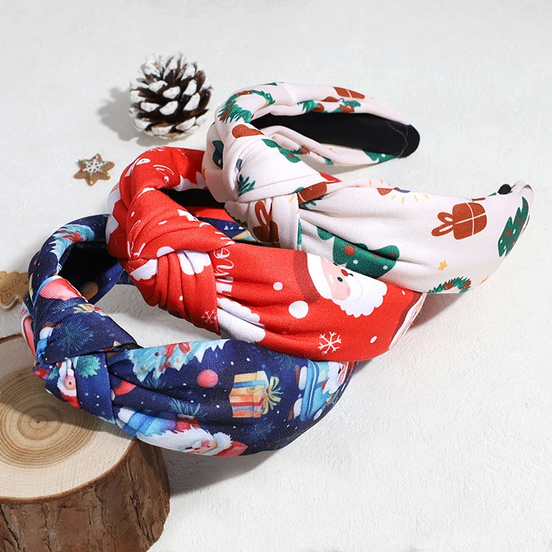 Fashion Personalized Christmas Tree Santa Claus Print Satin Knot Hairband Adult Headband Hair Accessories