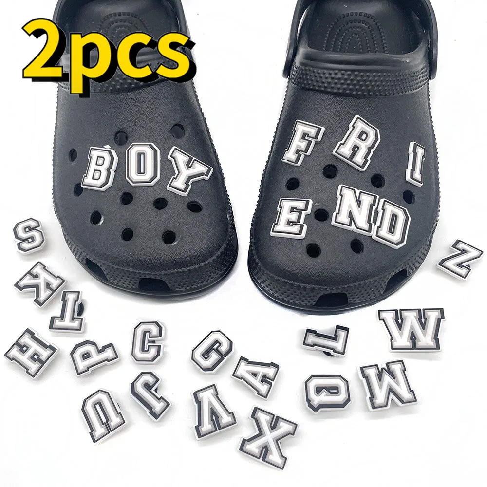 

2PCS Black and White Letter Icon Shoes Buckles Charms Name DIY Hole Slipper Accessories Decor Alphabet Buckles Kids Gifts