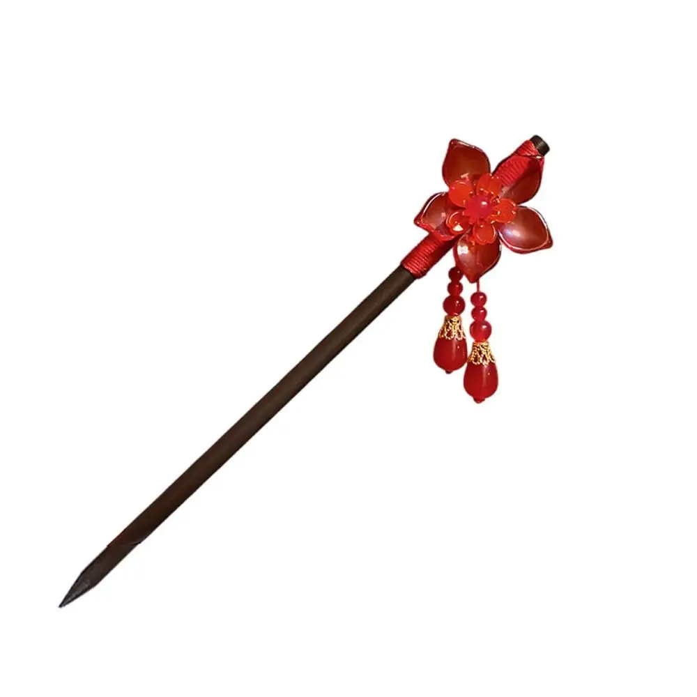 Classical Flower Wooden Hair Stick Tassel Red Hanfu Hairpin Hanfu Headwear New Year Cheongsam Accessories