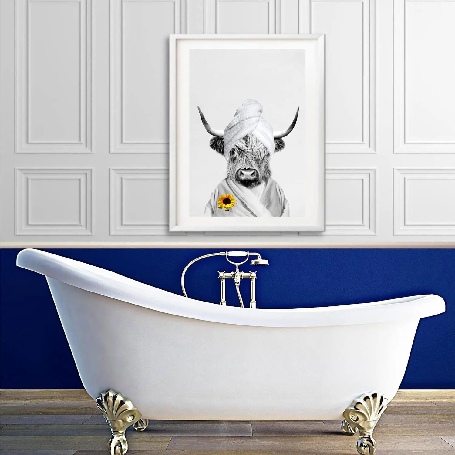 Bathroom Humor Animals Black and White Art Painting Highland Cattle Reading Newspaper Canvas Painting Decoration