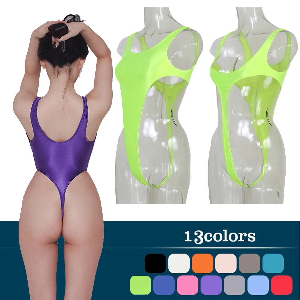 

Women's Shiny High Fork T-Shaped Swimsuit, Two Wearing Methods, Sexy Tight Swimwear, Oil Glossy, All-in-One Piece, New