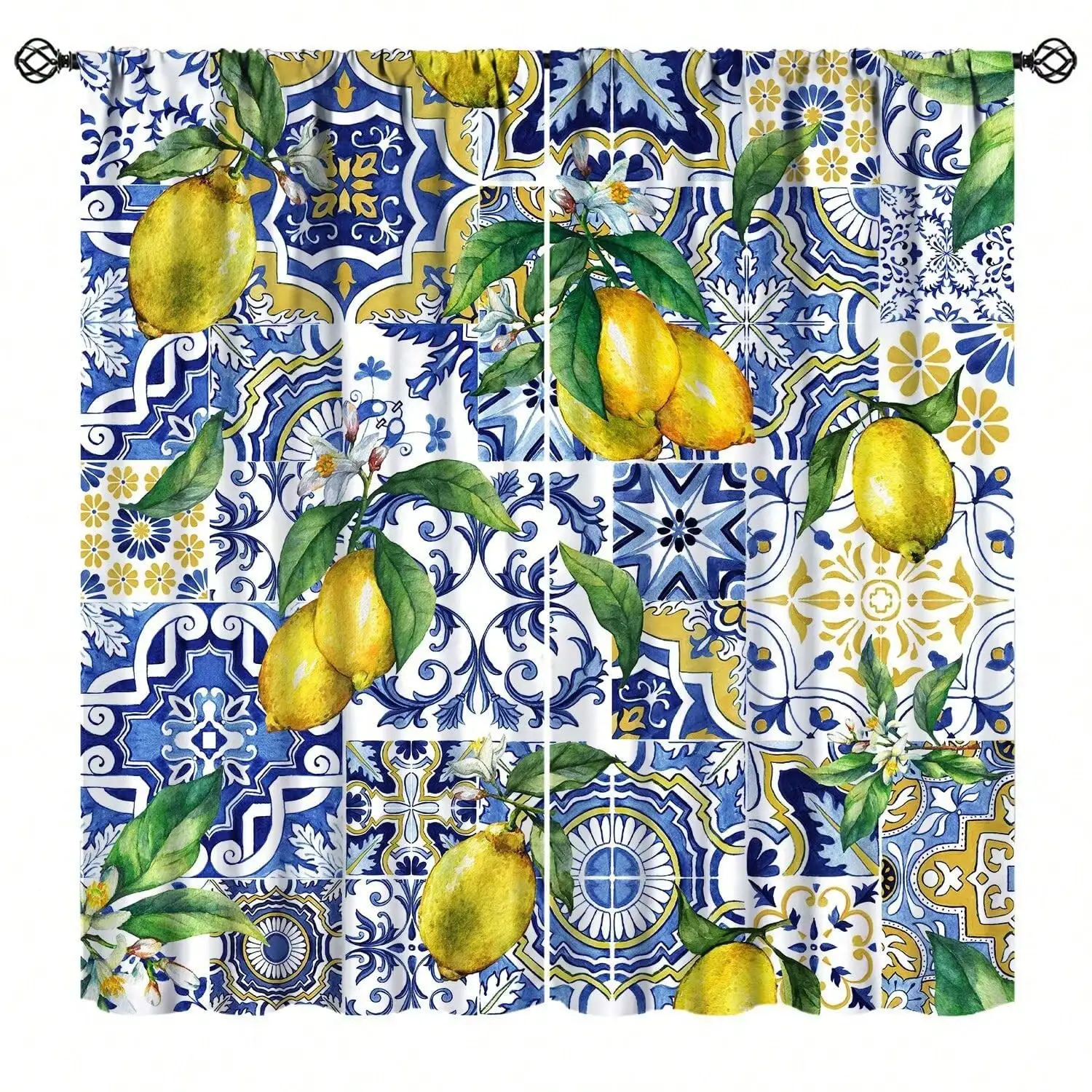 Mediterrane Zitronenmuster-Verdunkelungsvorhänge - Vintage-Fliesenmuster Fenstervorhänge für Küche Bad Boho Raumdekoration