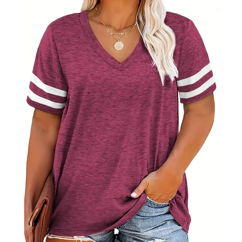 Women\'s V-Neck Short-Sleeved T-shirt, Color Combination, Large Size, Loose, Casual, Comfortable Stripes, Thin Shirt, Summer, New