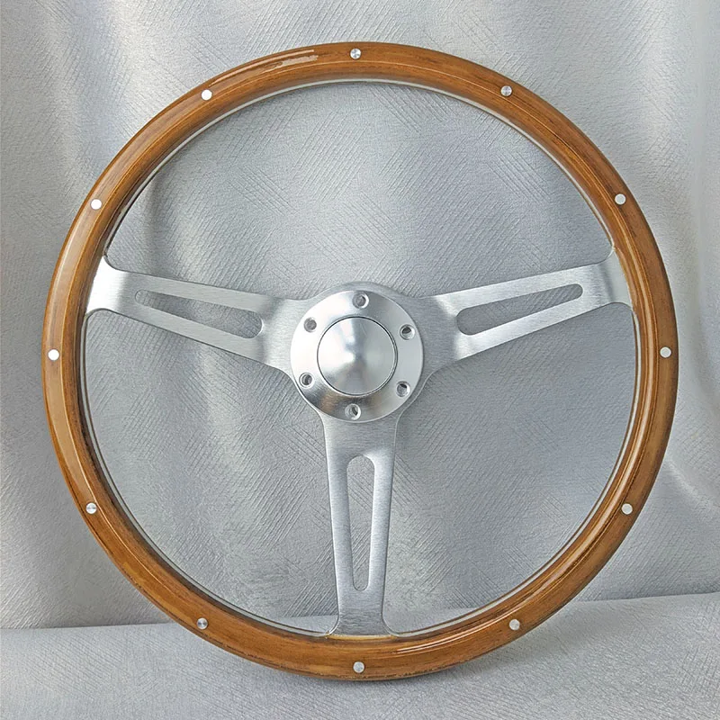 Rivet Classic Wood Steering Wheel Real Wooden 15inch 380mm Universal 15 Inch Vintage Style Aluminum Spoke