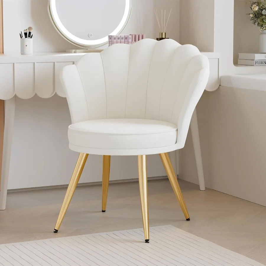 Elegante silla decorativa de terciopelo con patas de metal dorado, perfecta para sala de maquillaje, sala de estar o dormitorio, silla tapizada para invitados en blanco