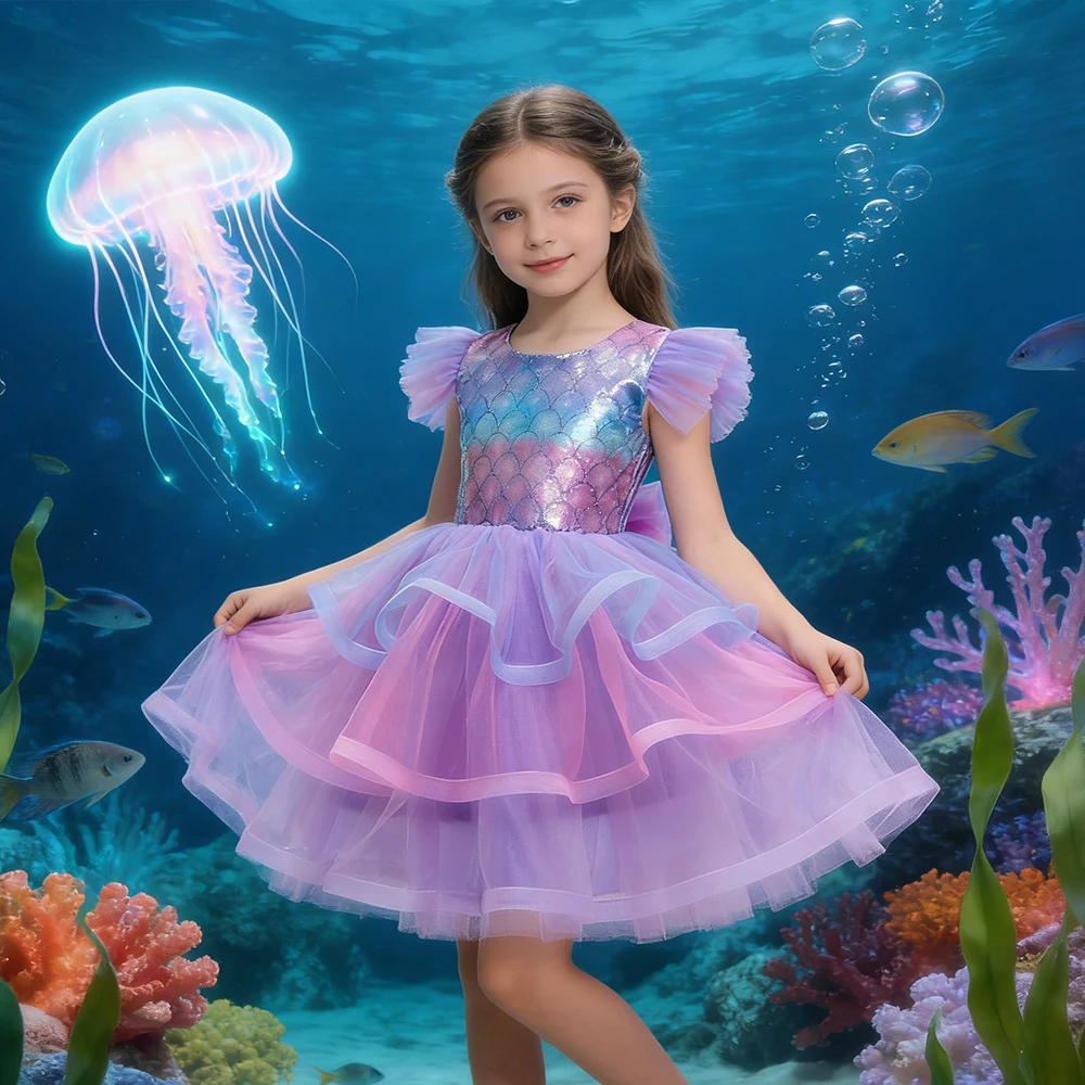 Meerjungfrau Prinzessin Ballkleid Mädchen Cosplay Kostüme Glänzende Layered Tutu Kleid Karneval Mädchen Party Kleider Geburtstag Kleid Geschenke