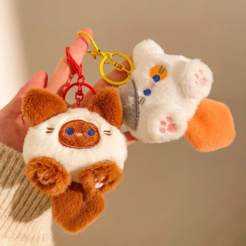 Porte-clés en peluche chat Kawaii – Porte-clés pastel doux avec oreilles moelleuses, cadeau mignon pour les amoureux des chats, sac à dos et breloque pour sac