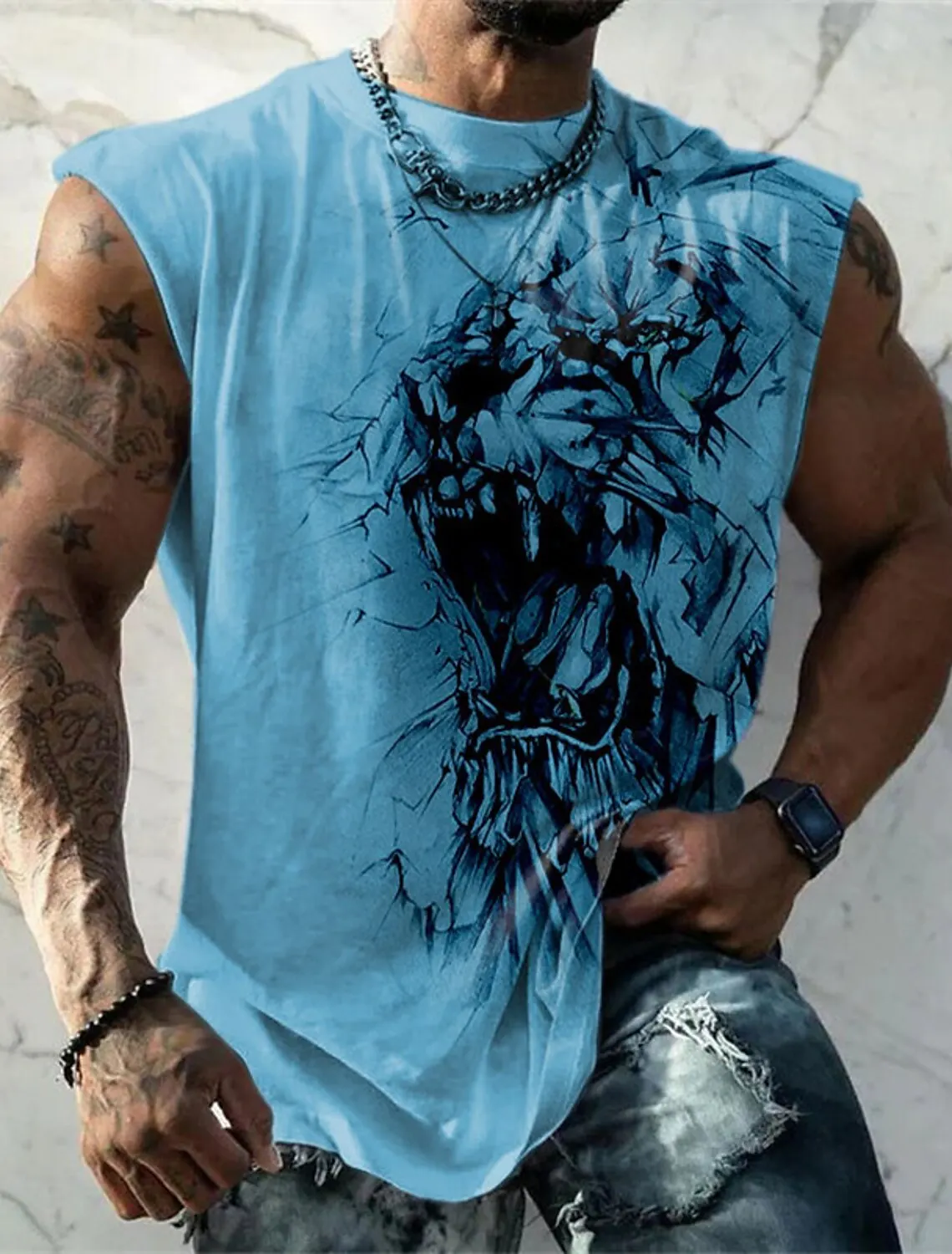 Fashion Design Sleeveless Print Summer Men\'s Lion Pattern Sleeveless Print Round Neck Breathable Bottom Shirt Fitness Tank Top