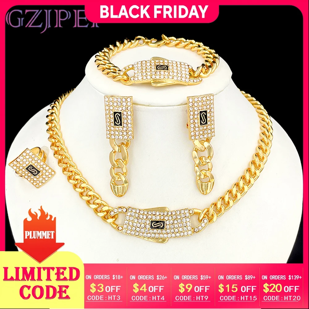 

GZJPEI Monaco Chain 18K Gold Plated Cuban Chain Jewelry Set High Quality Necklace Bracelet 2025 New For Bridal Wedding Gift