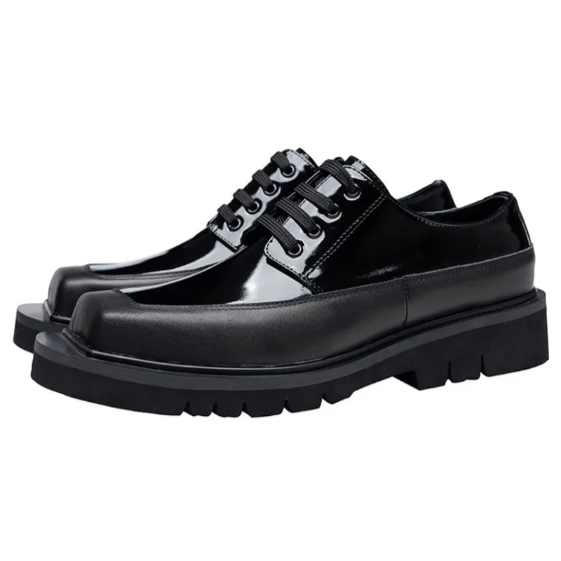 

British Genuine Leather Thick Sole Formal Derby Shoes Men's Square Toe Casual Oxfords Youth High Quality Office Leather Shoes