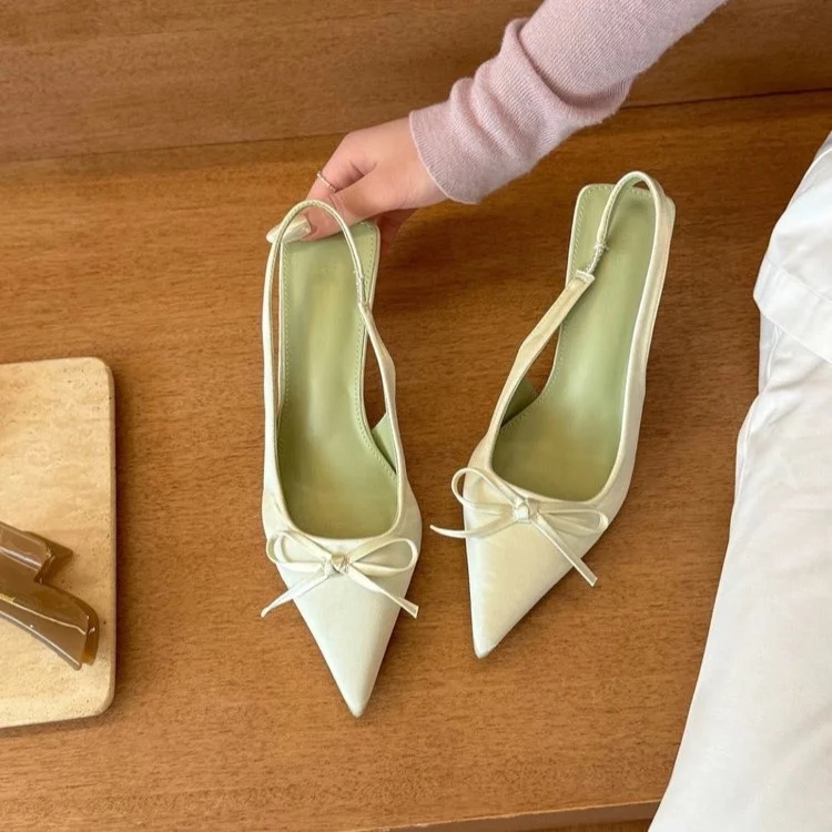 

Шелковые атласные туфли-лодочки с бантом на высоком каблуке для женщин, весенние босоножки с открытой пяткой