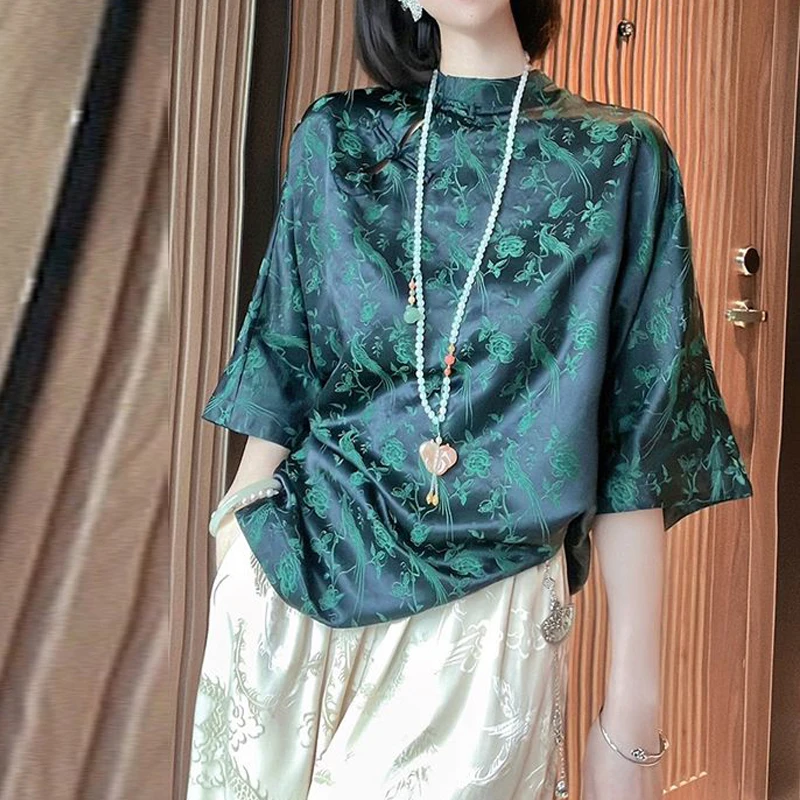 2024 Women Vintage Chinese Style Button Silk Blouses High Quality Elegant Stand Collar Shirts Hollow 3/4 Sleeve Loose Tunic Tops