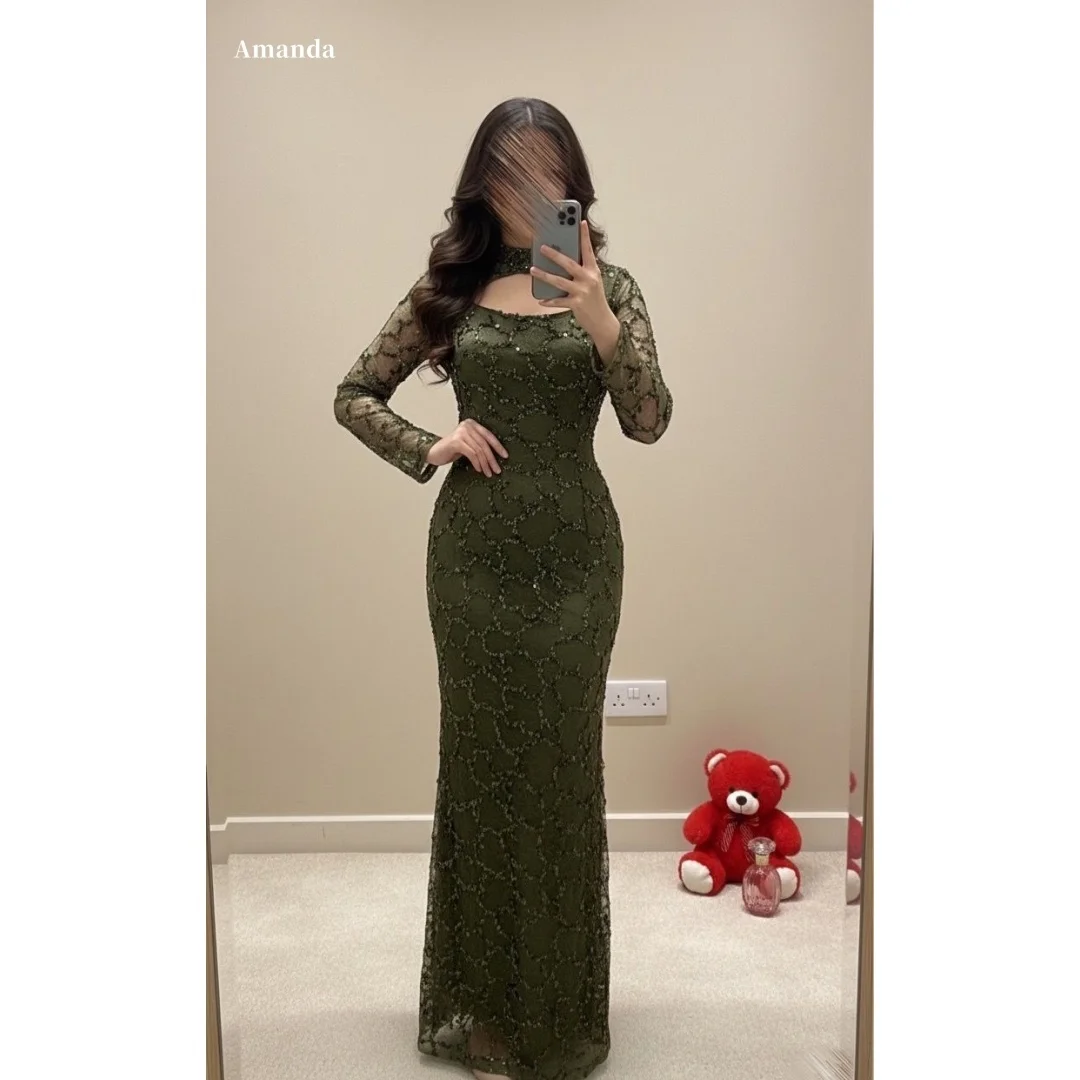 

Amanda Customized Sage Green High Neck Prom Dress with Sheer Lace Long Sleeves Beaded Embellished Bodice and Mermaid Skirt 2026