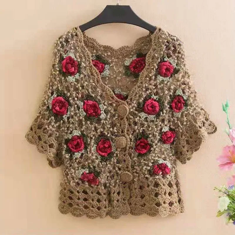 Three-dimensional Flower Hollow Crochet Sweater Cardigan Women Spring Summer New Heavy Industry Versatile Knitwear Jacket