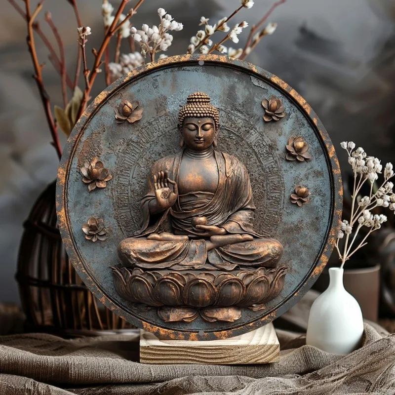 2D-Flachdruck, runde Metall-Aluminium-Dekoration, Beschilderung, Buddha-Thema, Zuhause, Wohnzimmer, Büro, Dekoration, Party-Dekoration, Urlaubsgeschenke