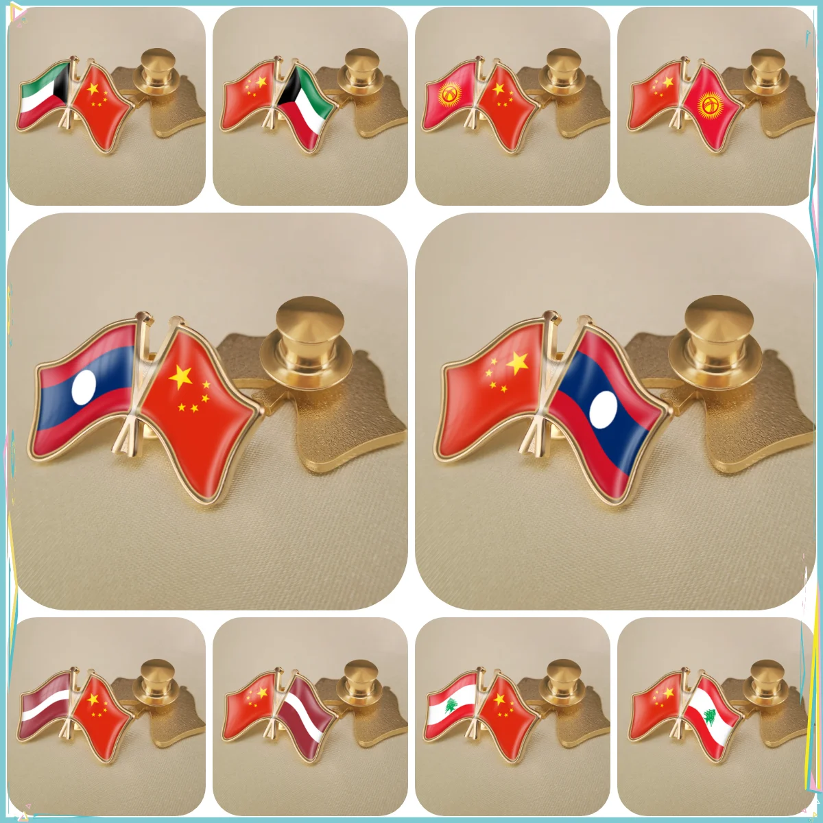 China and Kuwait Kyrgyzstan Latvia Lao People's Democratic Republic Lebanon Double Friendship Flags Lapel Pins Brooch Badges