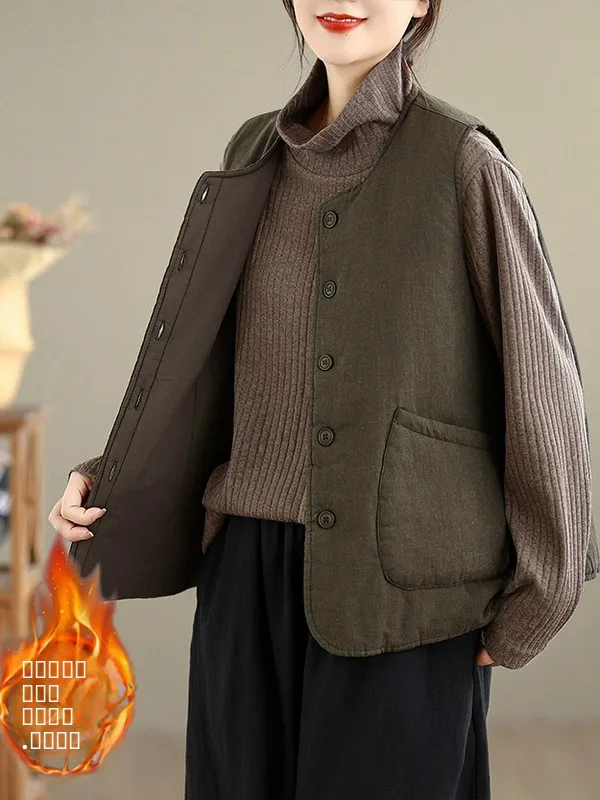 

2025 Autumn Winter Thiened Cotton Vest Women's Faion Art Warmth Svel Jaet Outerwear Classic Retro Sle