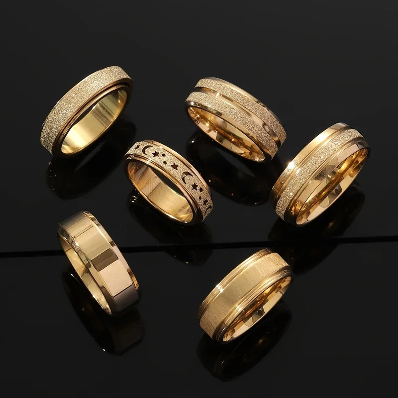 Gold Frosted Stainless Steel Men Rings, Moon Star Hollow Wide Band, Fashion Stackable Finger Jewelry for Male Daily Outfit