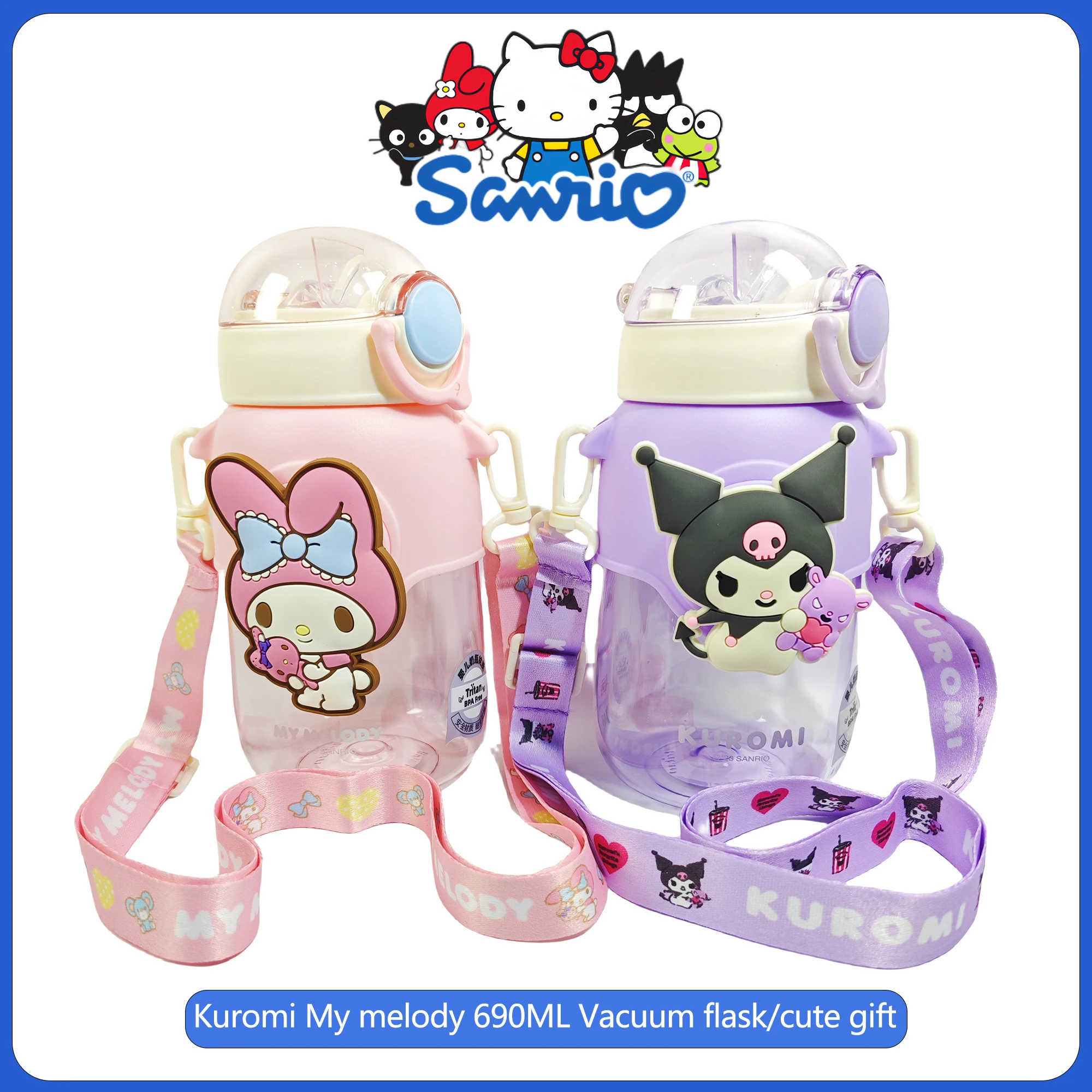 

Sanrio 690ml Large Capacity Water Bottle Cinnamoroll Kuromi My Melody Portable Straw Water Cup for Outdoor Sports Fitness