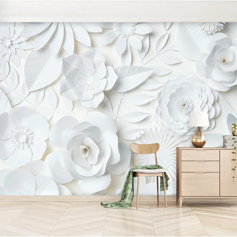 Custom Mural Wallpaper For Walls 3D Stereoscopic White Flowers Bedroom Living Room TV Background Wall Painting Papel De Parede