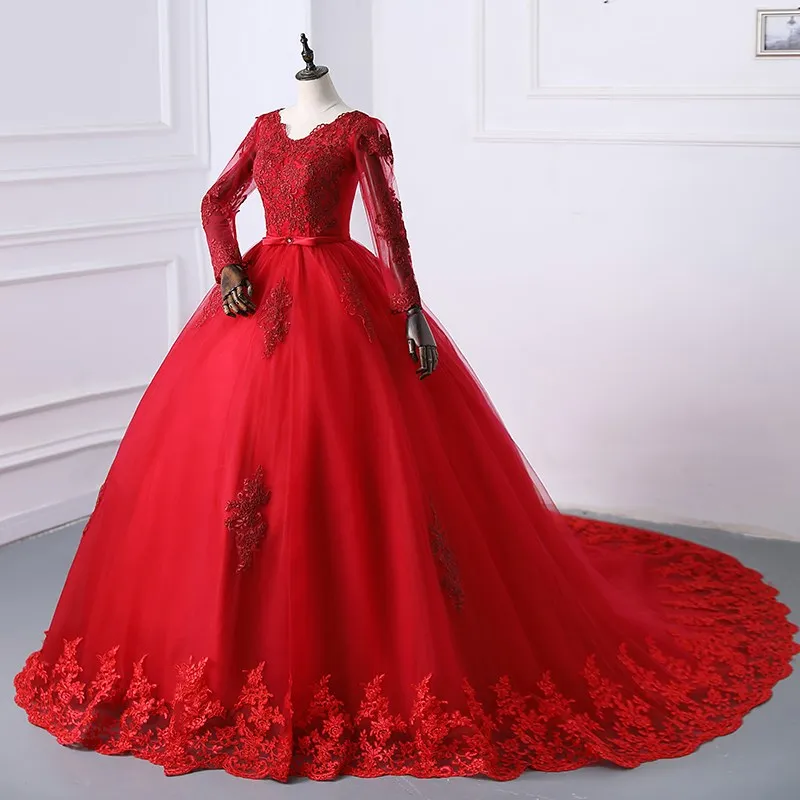 Long Sleeve Quinceanera Dress With Sweep Train Belt Lace Ball Gown Luxury Party Prom Dress Plus Size Vestidos 15 For Girl