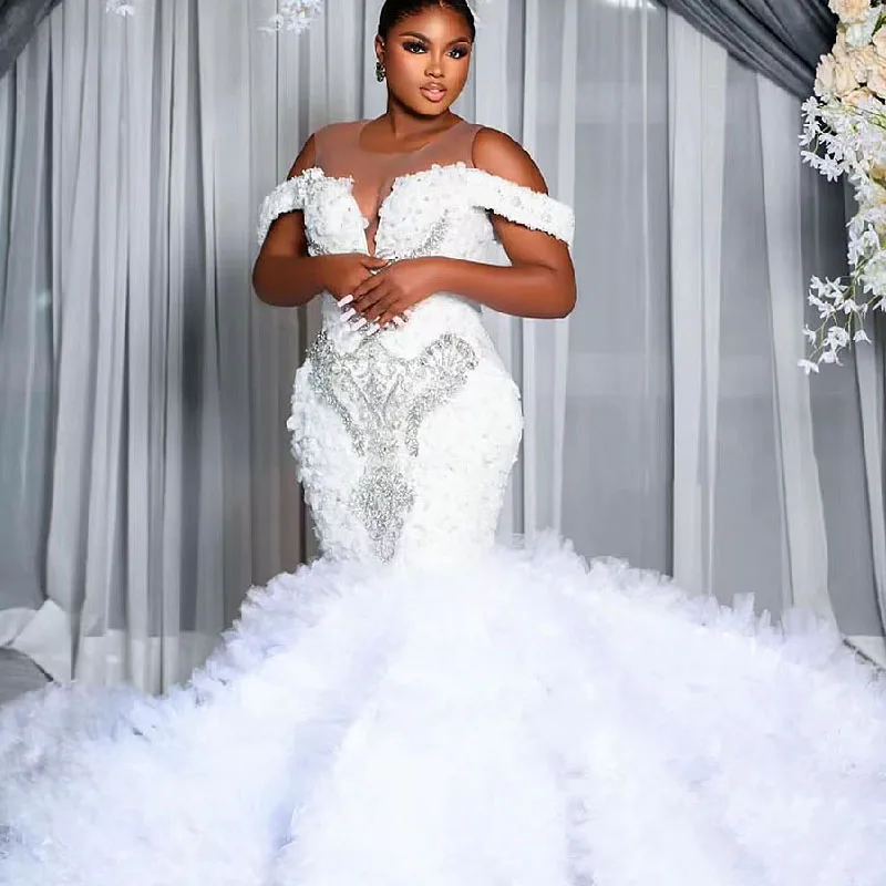 

Elegant White Off Shoulder Mermaid Wedding Dresses Bride Spaghetti Sweep Train Appliques Beads Luxury Africa Women Bridal Gowns