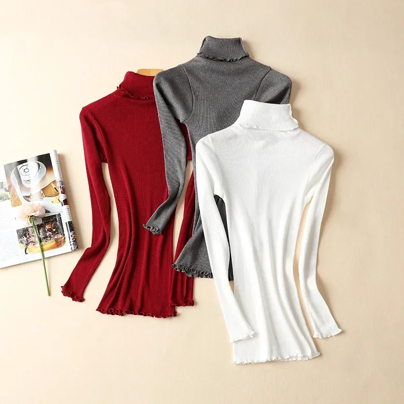 Women's Mulberry Silk Cotton Base Sweater High Elastic Slim Seamless  Long-sleeved Knit Top Turtleneck 70% Silk +30% Cotton image 2