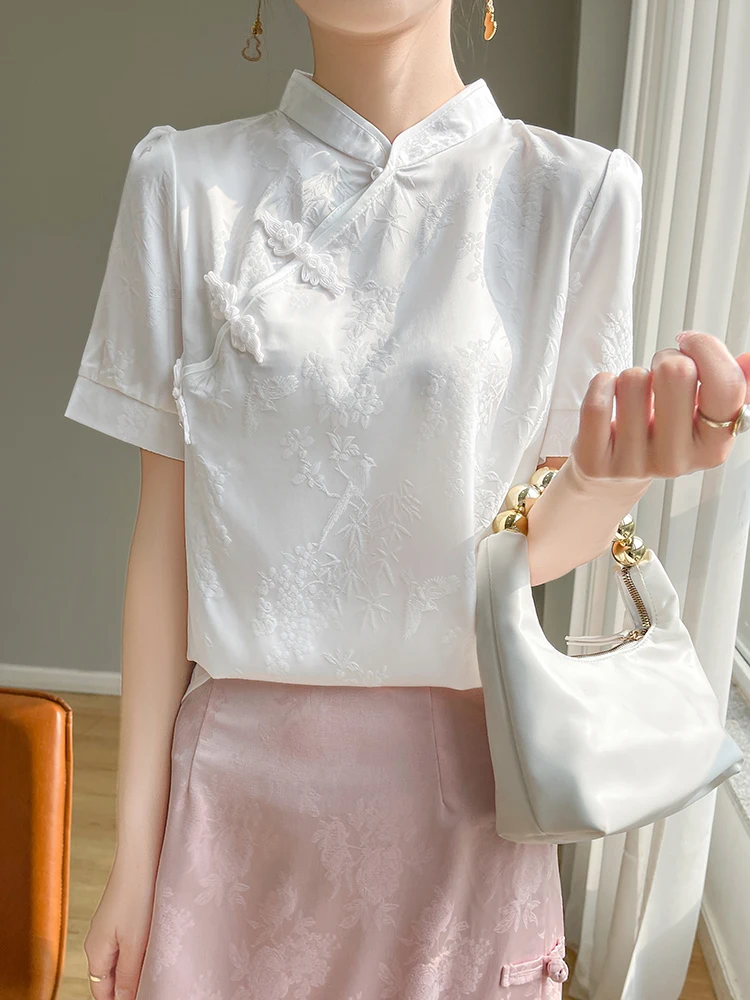 

New Chinese Sle Reformed Top Women's Summer 2025 Retro Button ort Sve irt Zen Tea Costume ort Sve