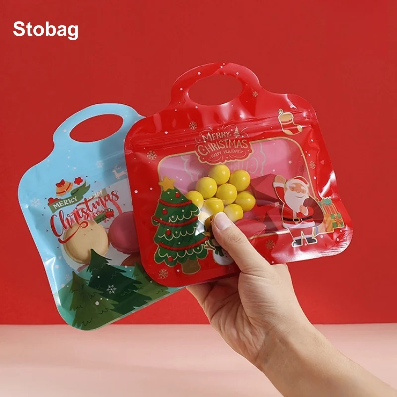 

StoBag 50pcs Merry Christmas Candy Packaging Ziplock Bags with Handle Kids Cute Child Sealed Food Snack Cookies Storage Pouch