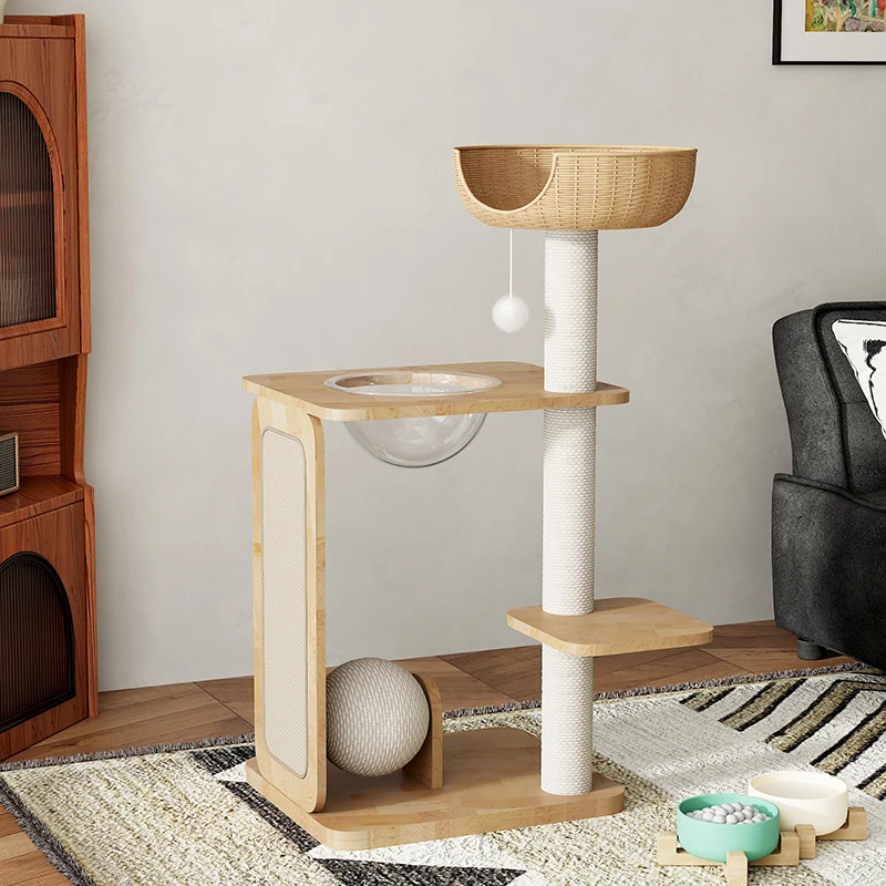 

Solid Wood Cat Tree with Condo Sisal Rope Scratching Post Woven Rattan Cat Nest for Small Spaces Multi-Level Cat Tower with Toys