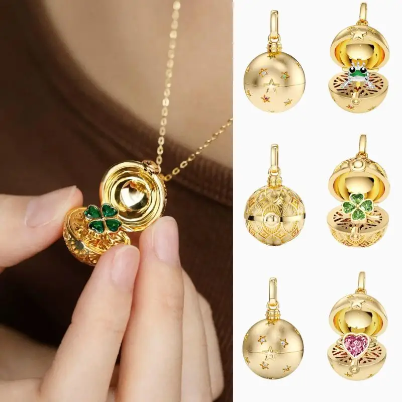 1pc Retro Style Four-leaf Clover Heart-Shaped Frog Open And Close Circular Pendant Necklace Fashion Jewelry Accessories Gift