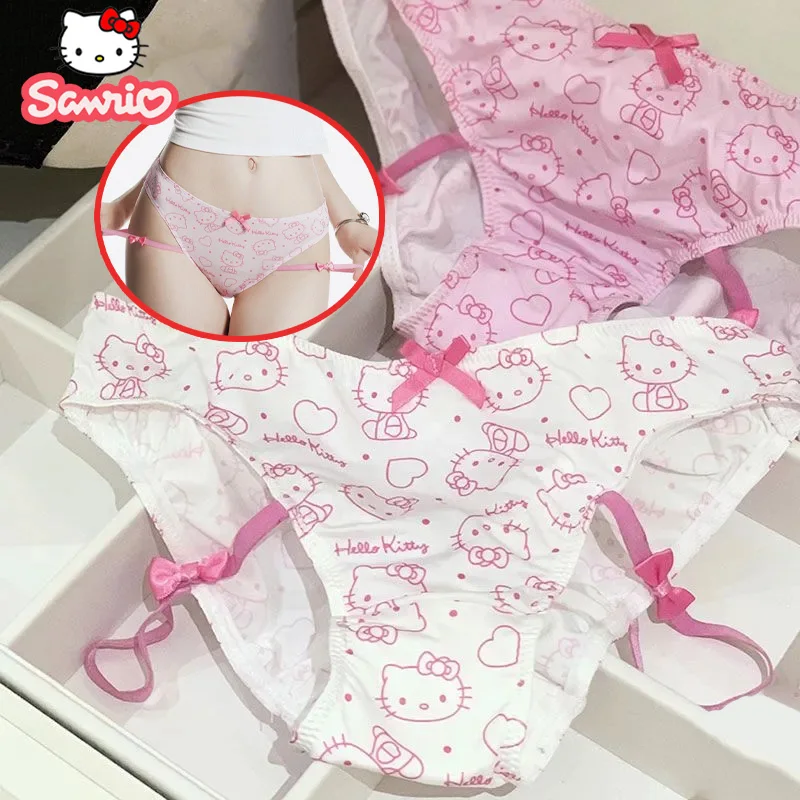 Sanrio HelloKitty bragas de mujer Sexy Kawaii ropa interior de seda de hielo calzoncillos bajos entrepierna de algodón banda para pierna transpirable triángulo de mujer