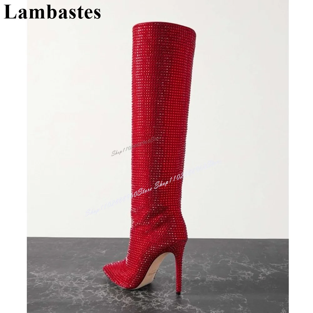 Runway-Bottes à talons hauts minces pour femmes, chaussures à enfiler, bottes pointues, décor en cristal rouge, mode 2024