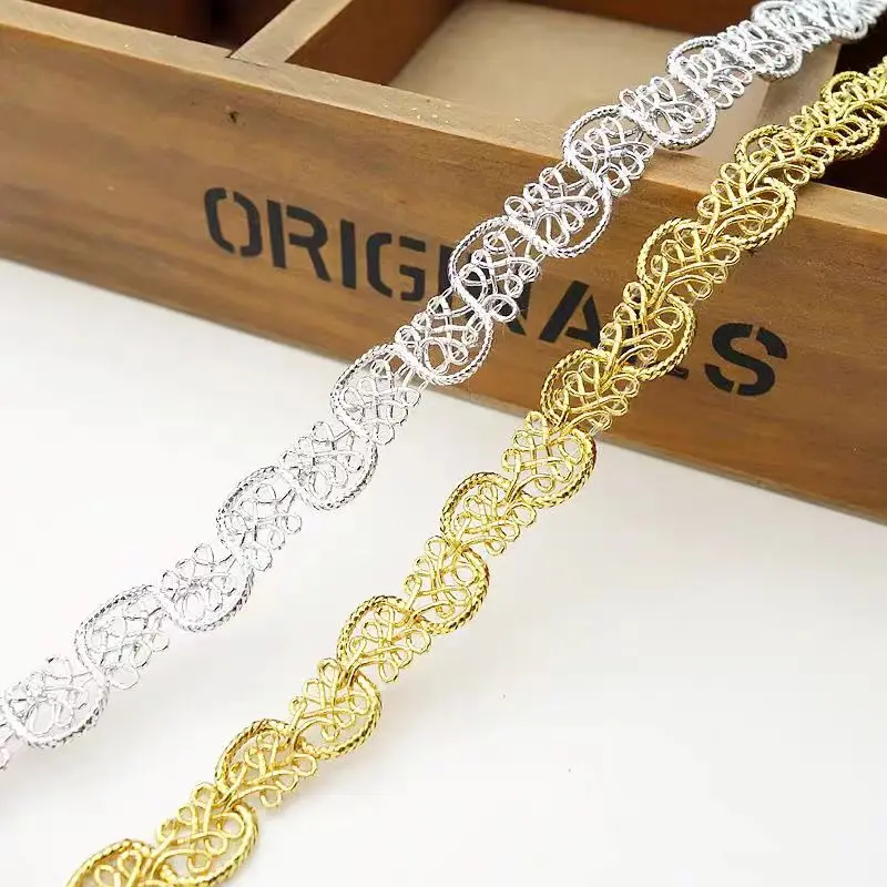 1Yards Latest Silver Gold Lace Fabric 1cm Ribbon Applique Cord Lace Trim Guipure Curtain Ribbons Sewing Trimmings dentelle LT37